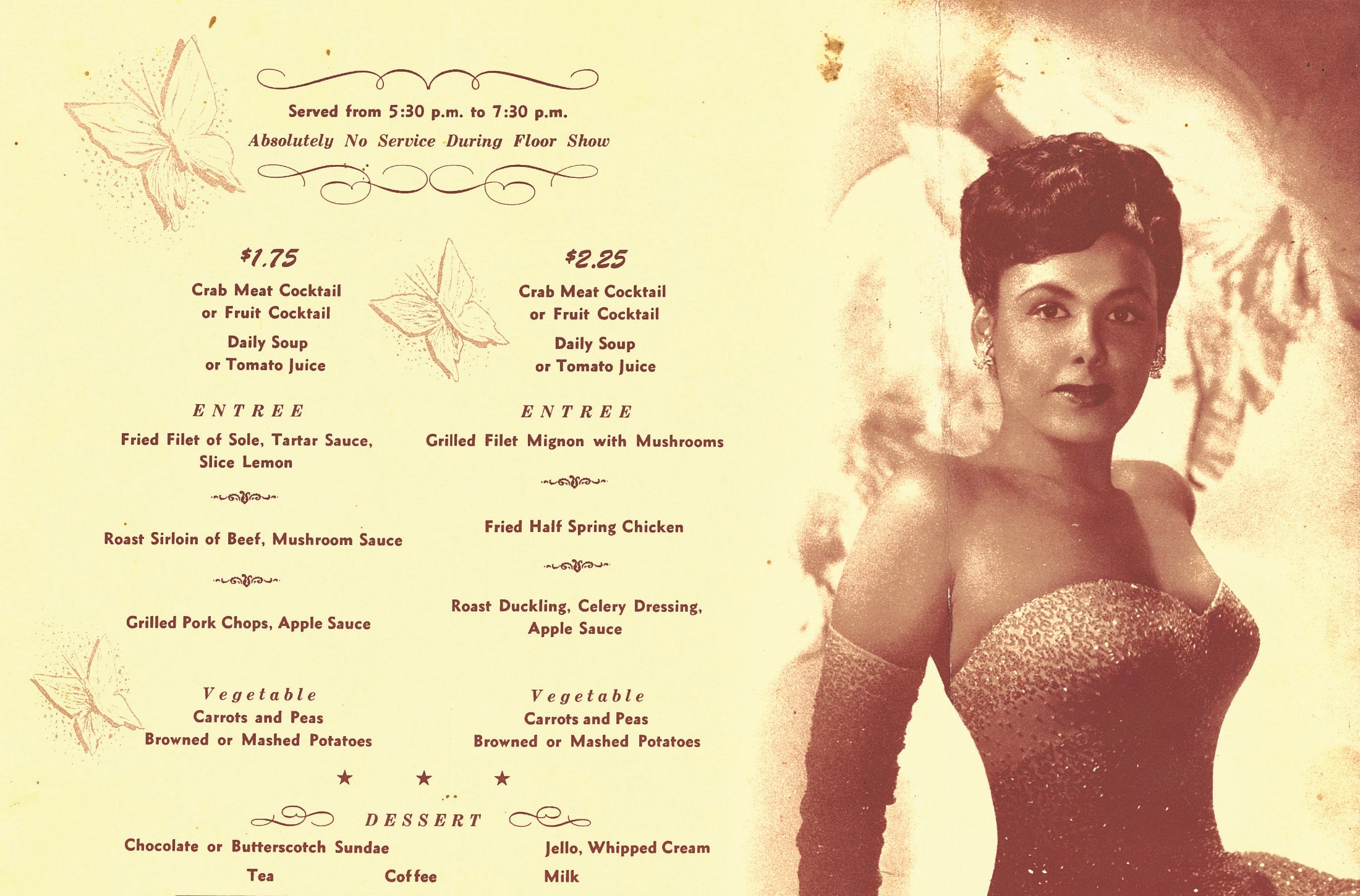 The Cave menu featuring singer Lena Horne. Photo courtesy of Neptoon Records Archives.