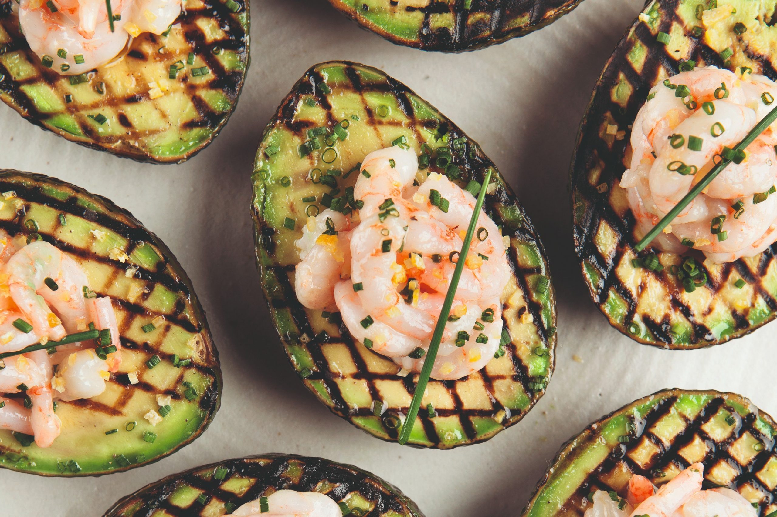 Araxi shrimp in grilled avocado