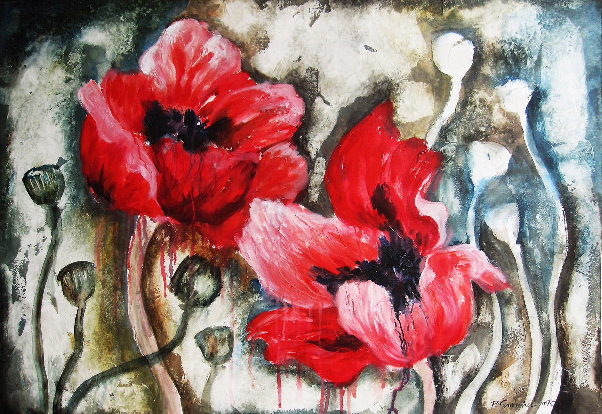 Poppies with Pods, 1995, mixed media on paper, 27×39 in. 