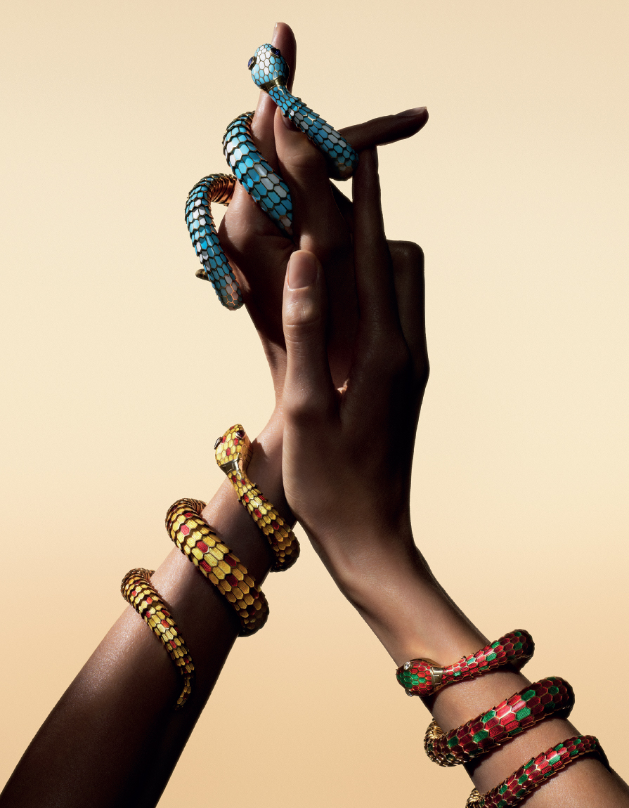 Two hands with serpent jewellery wrapping around them