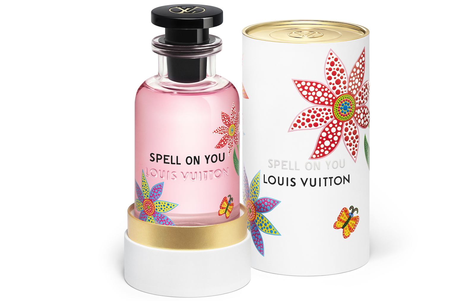 Perfume bottle and packaging with colourful flowers on them