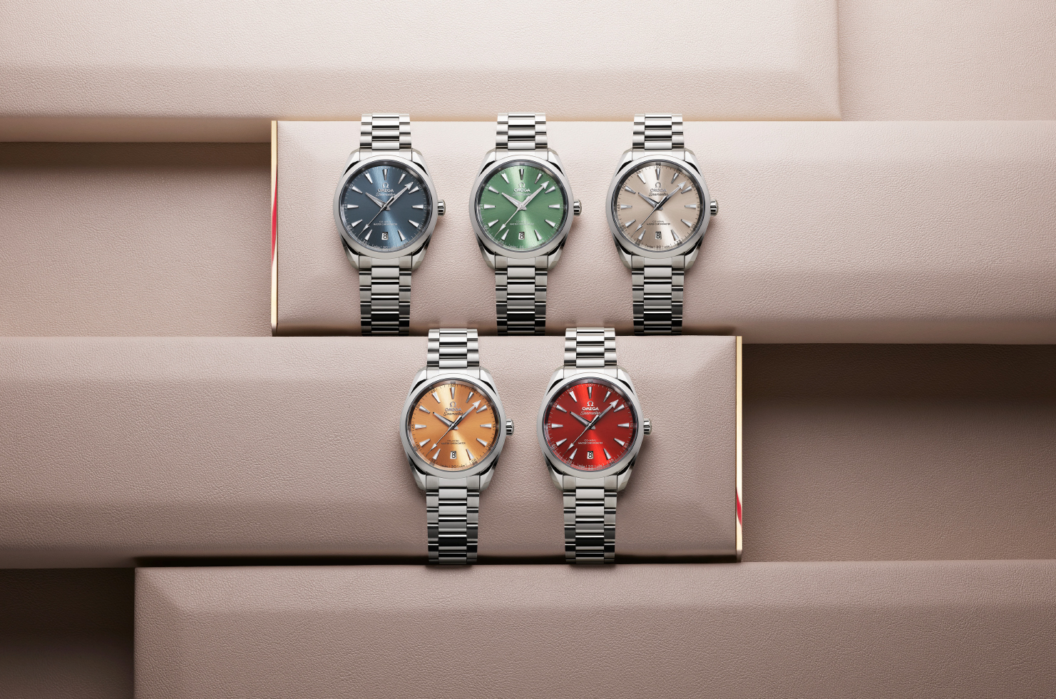Display of five colourful watches