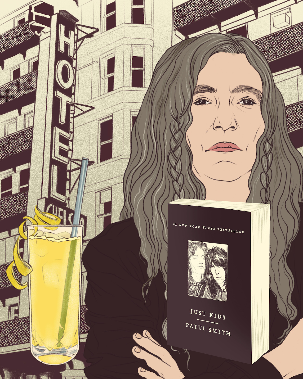 Drawing of Patti Smith and the cocktail named after her