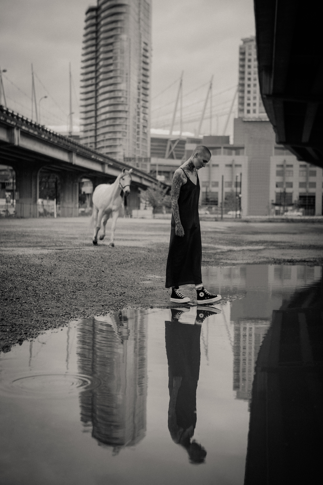 Person wearing a dress with a horse and BC Place Stadium in the background