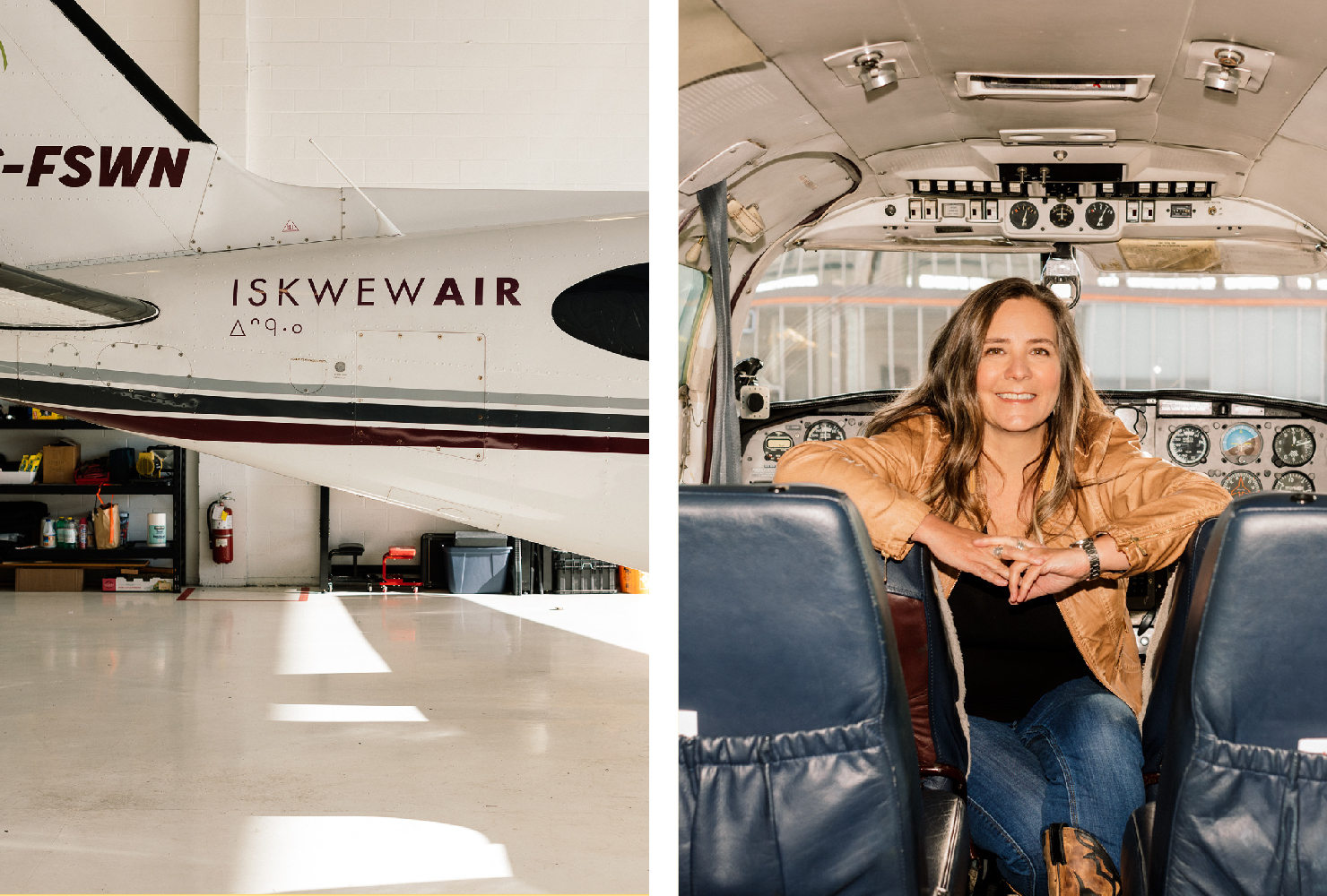 Photo of plane and photo of Teara Fraser inside plane