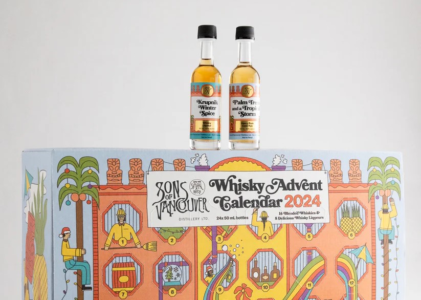 Two small bottles of whiskey atop a cardboard advent calendar.