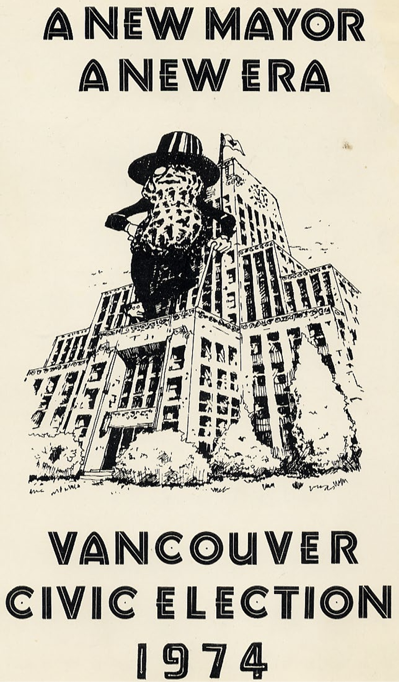 A poster with a drawn image of a man in a peanut costume standing atop Vancouver City Hall. Text reads "A new mayor. A new Era. Vancouver Civic Election 1974."