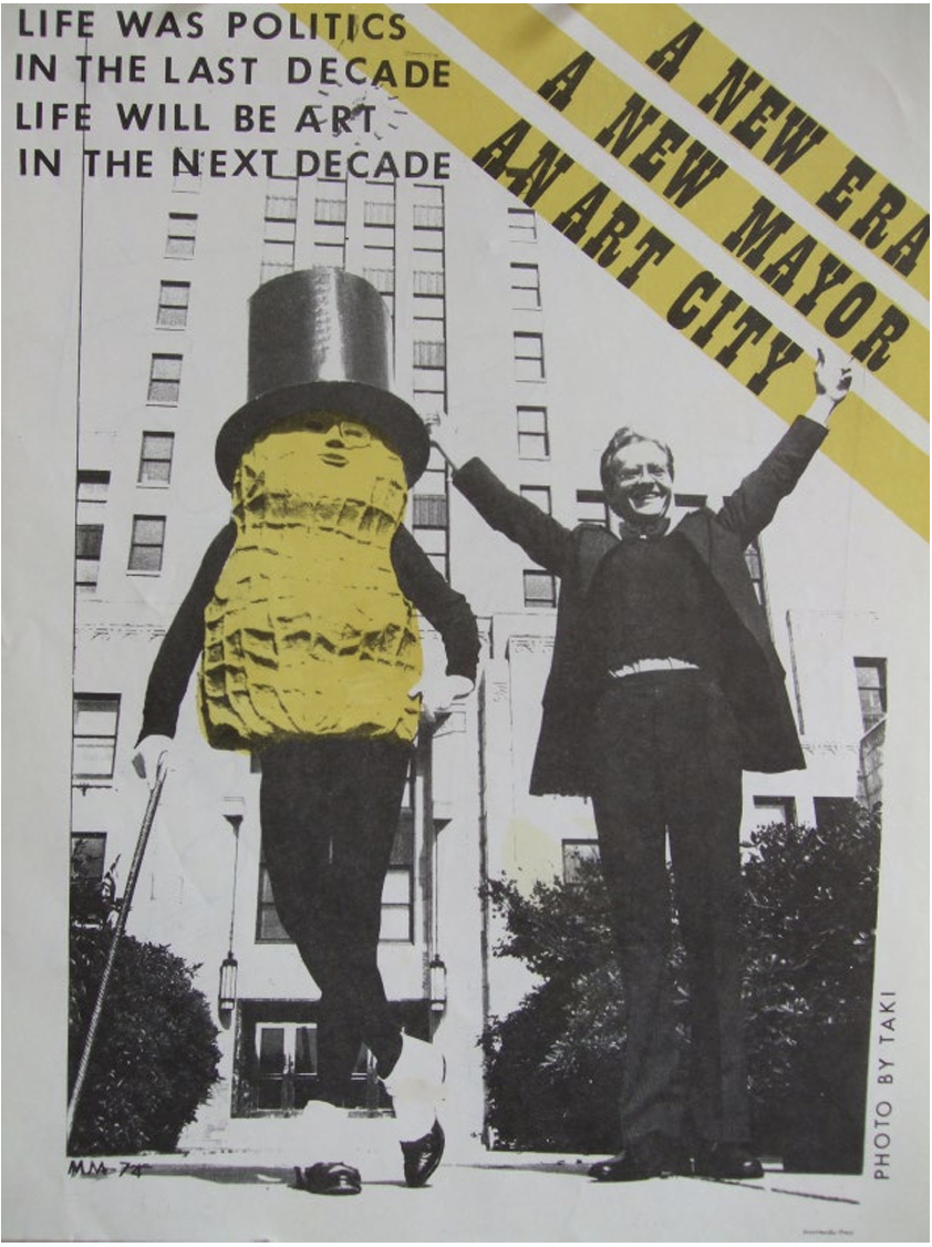 Mr. Peanut campaign artwork featuring a man in a peanut suit and a man stretching his arms out in celebration.