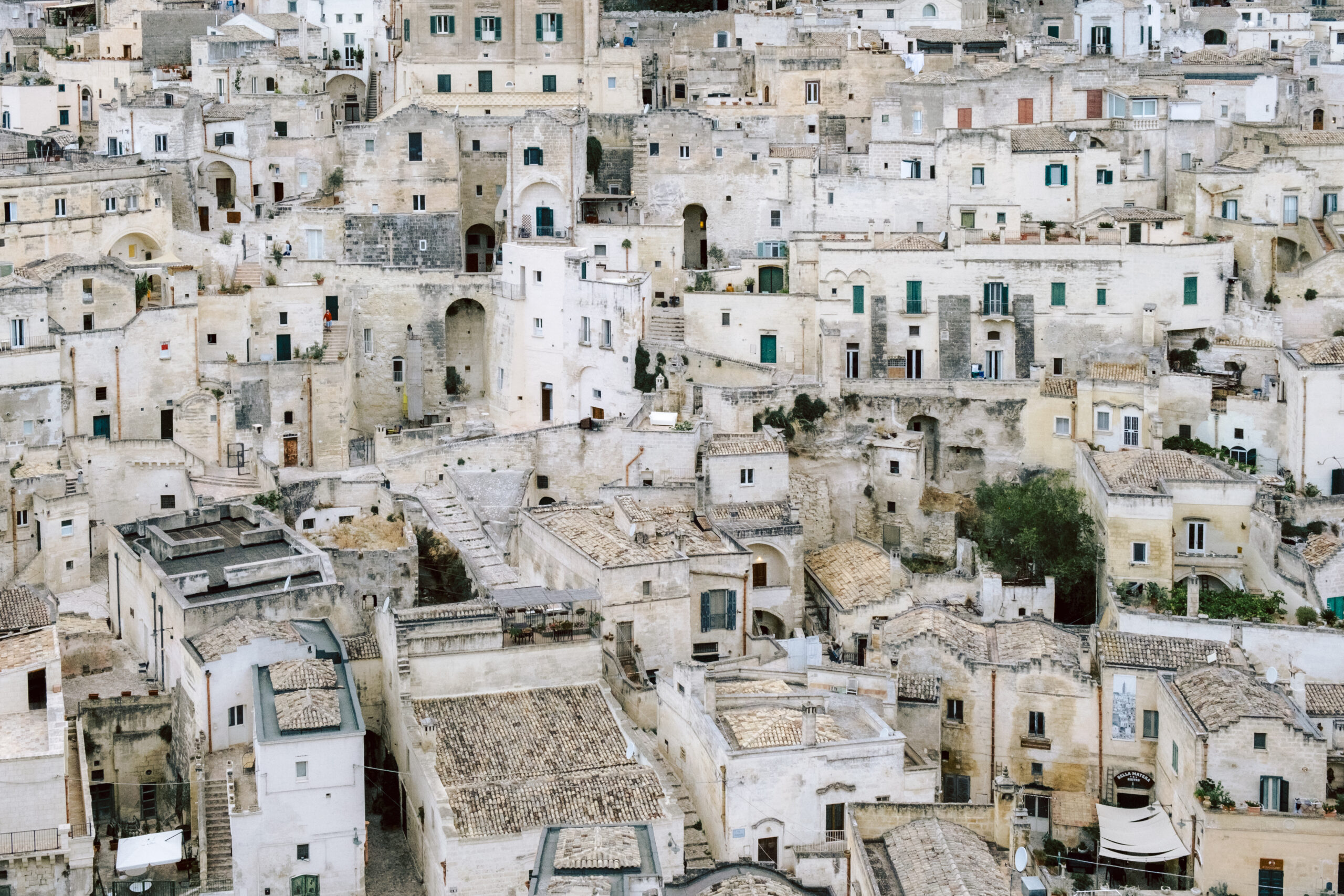 An overhead view of Matera and many residential buildings