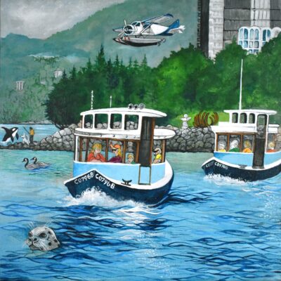 Painting of the False Creek Ferry in the water, surrounded by water and wildlife.