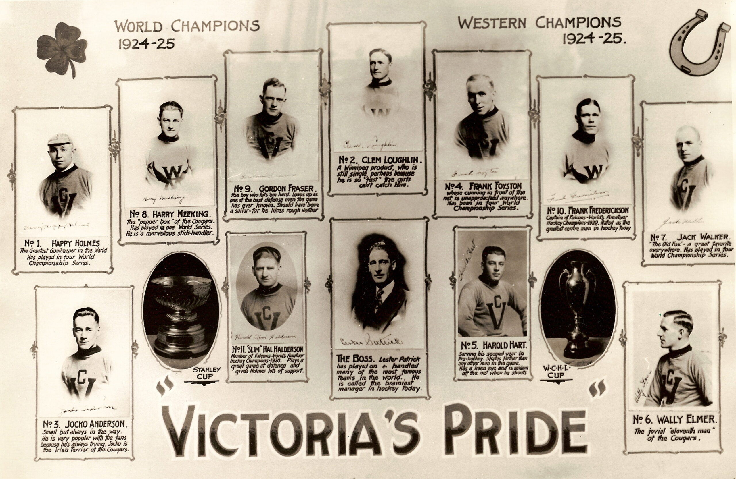 A collage of photos of the members of the Victoria Cougars with the caption "Victoria's Pride" following their Stanley Cup win.
