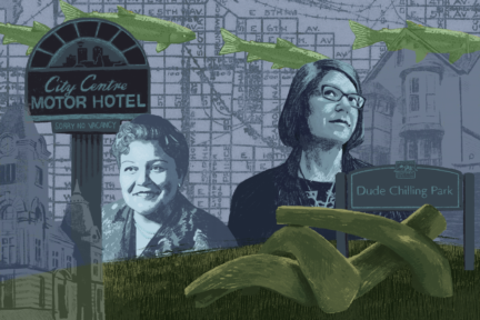 A collage of faces over Vancouver's Mount Pleasant neighbourhood.