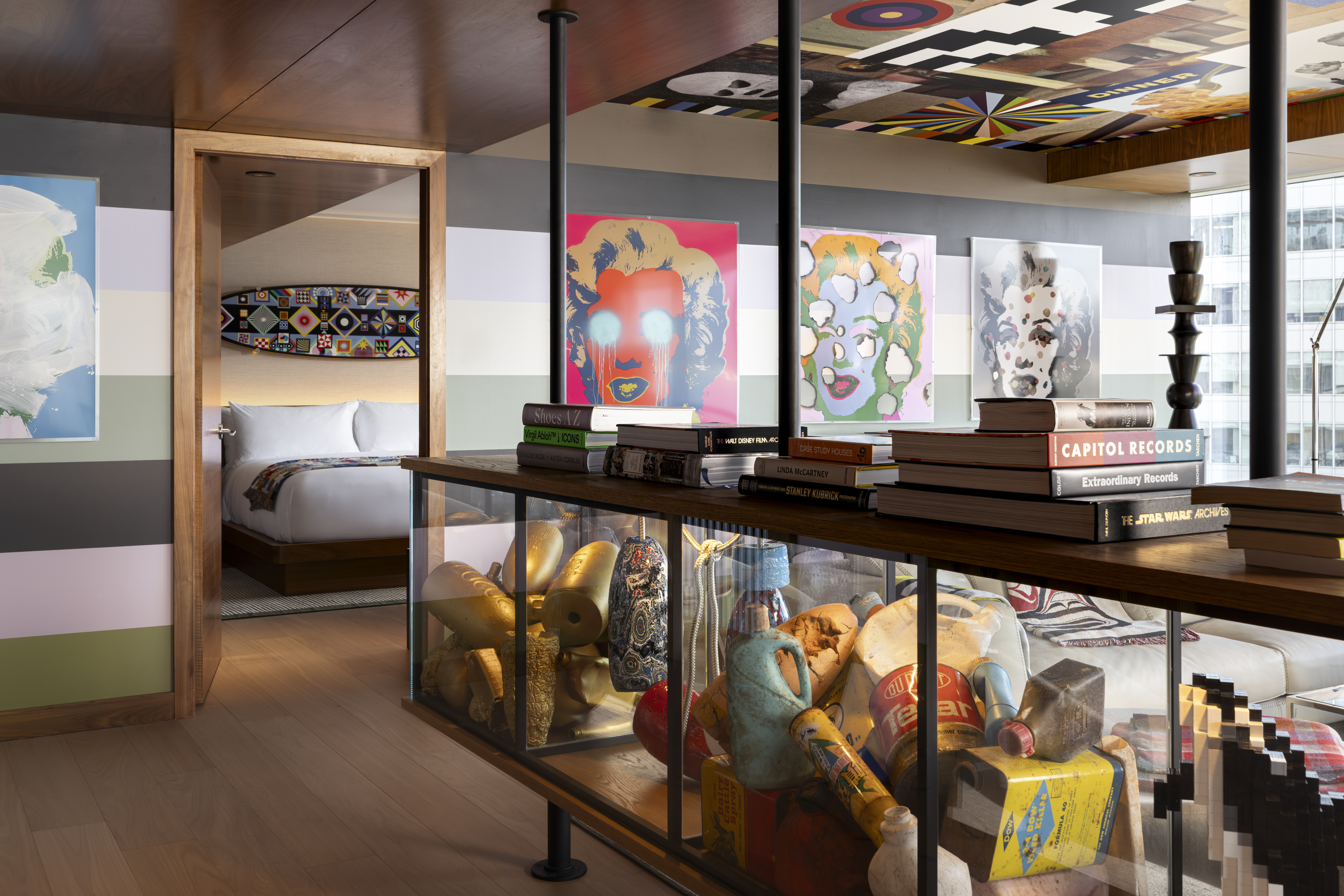A display case full of art objects.
