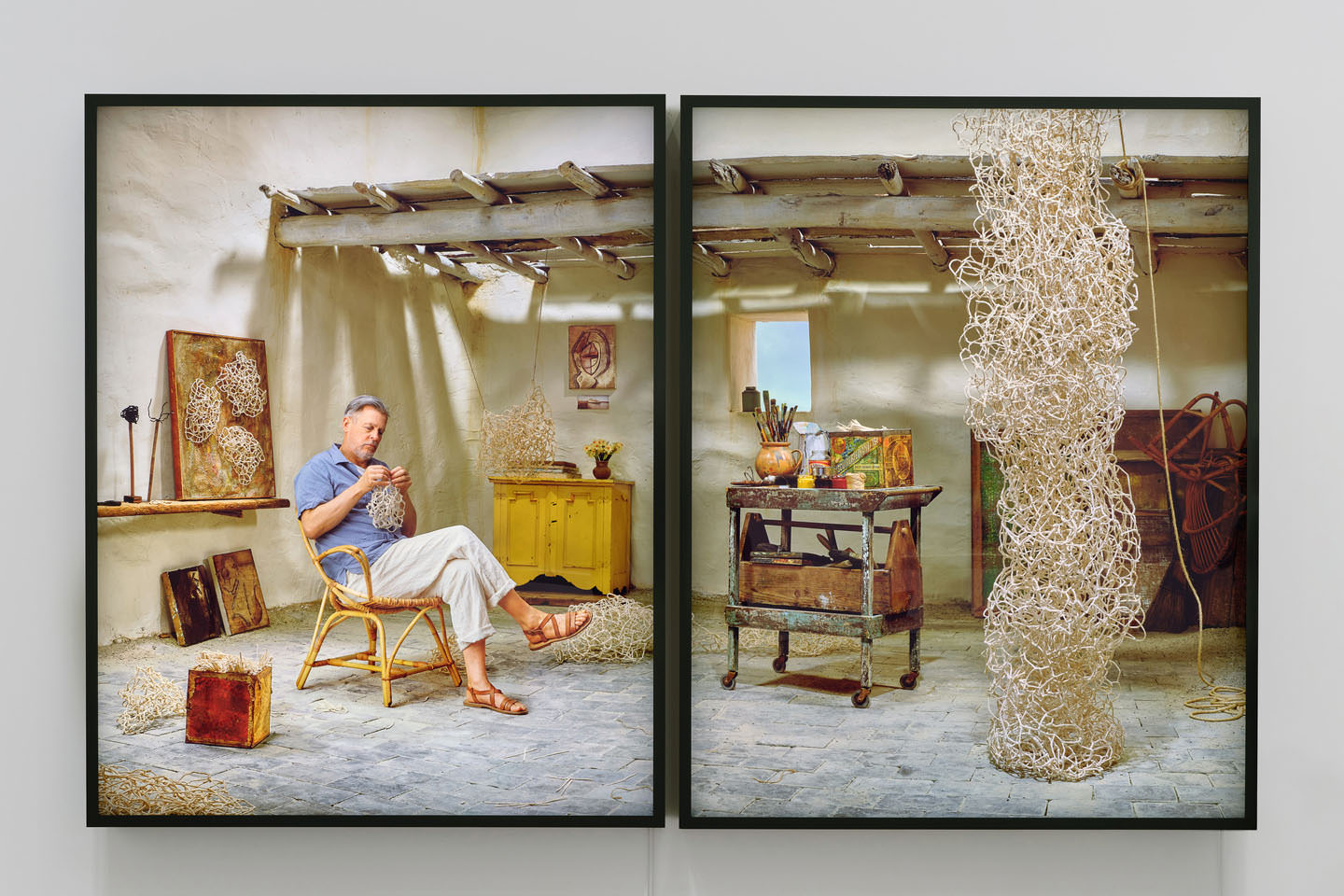 A large, two-part photo of a seated artist in a studio working on a sculpture made of pipe cleaners.