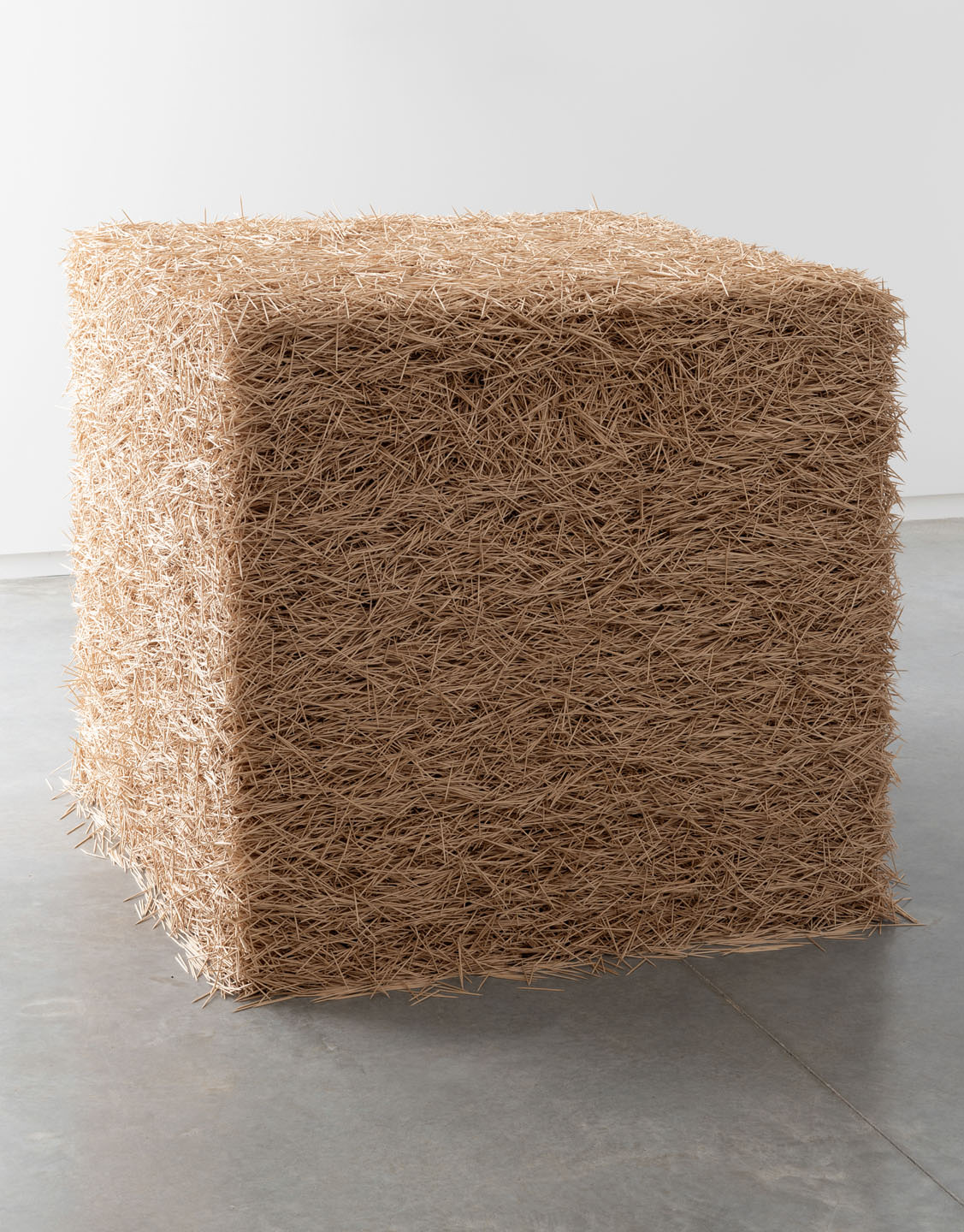 A large cube sculpture made up of intertwined wooden toothpicks, displayed in the Vancouver Art Gallery.