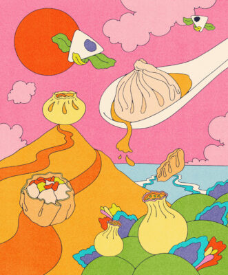 An illustration of dumplings scattered across a colourful landscape.