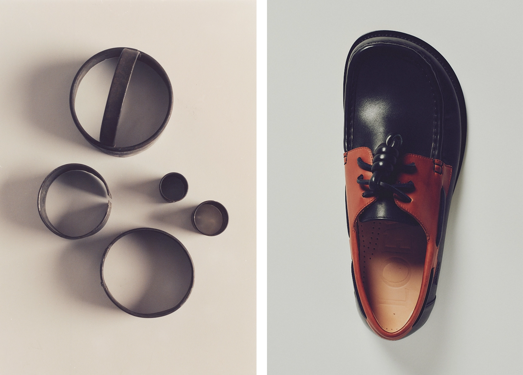 Two photos side by side: metal circular molds, and a black and brown leather shoe.