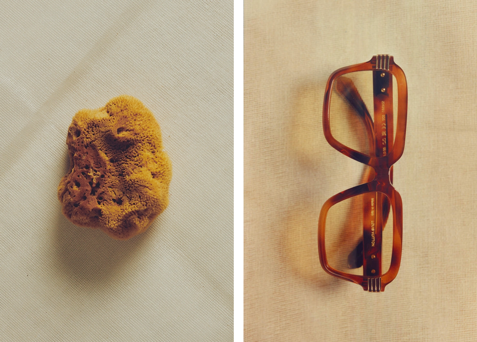 Men's fashion accessories: two images, one of a loofa and one of an orange pair of glasses.