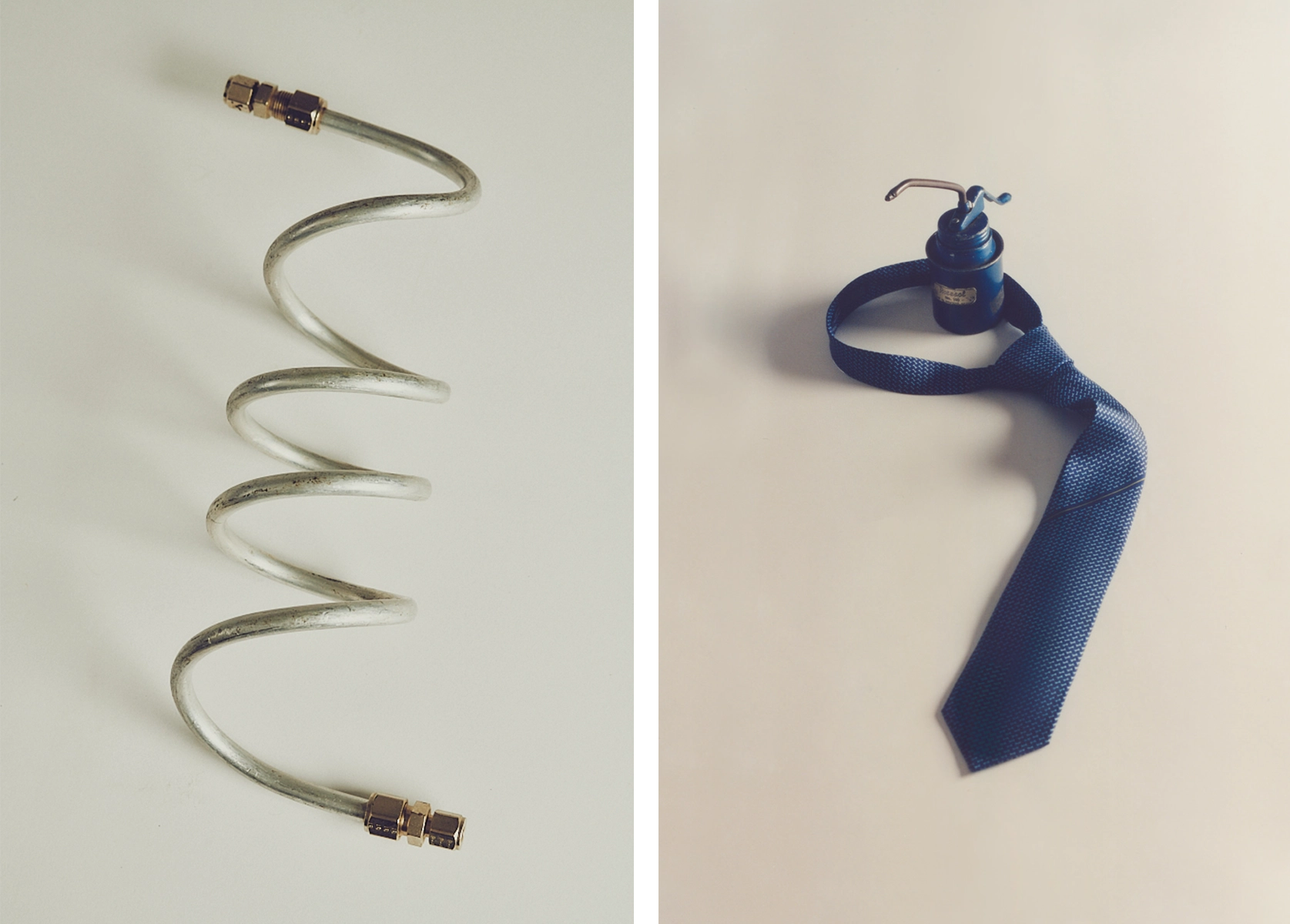 Two images of men's fashion side by side. In one, a metal spiral tube. In the other, a blue necktie.