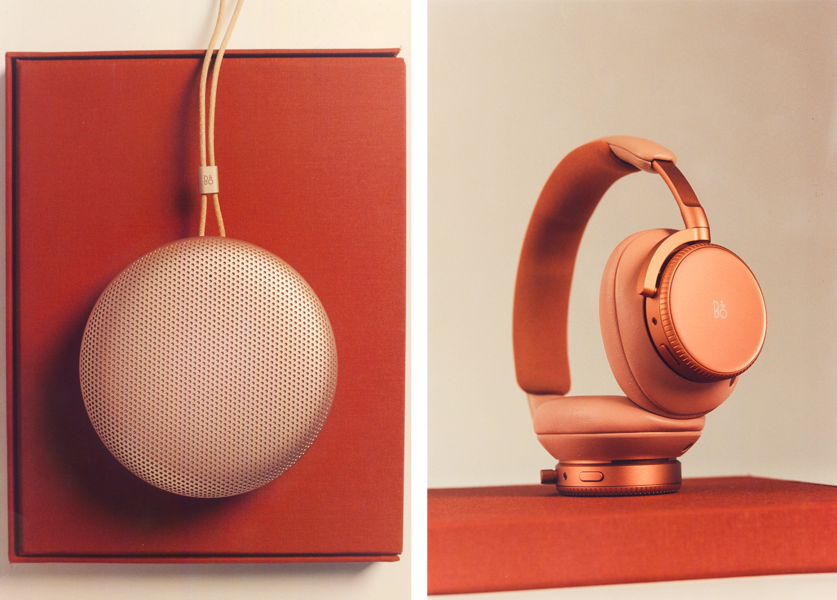 Two photos side by side: A speaker and a set of headphones. Both are pink on red boxes.