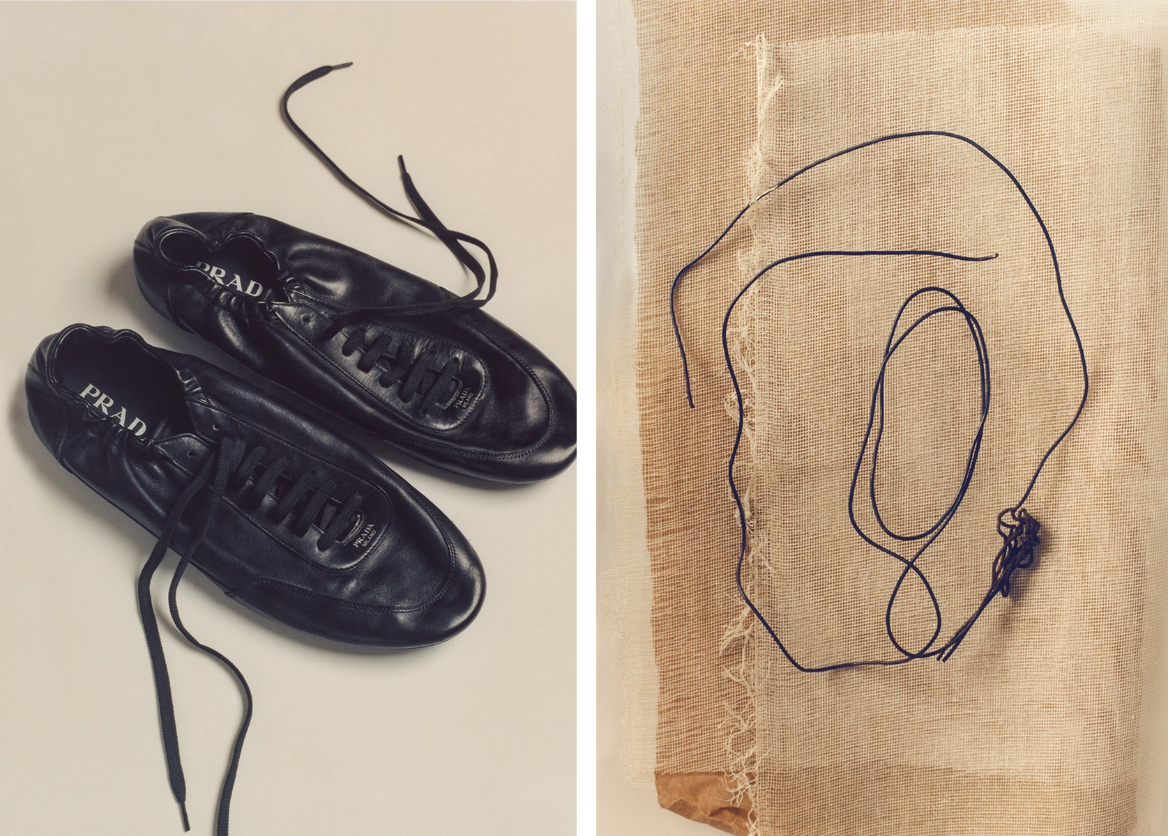 Two photos: Black leather men's shoes and a piece of wiring on cloth.