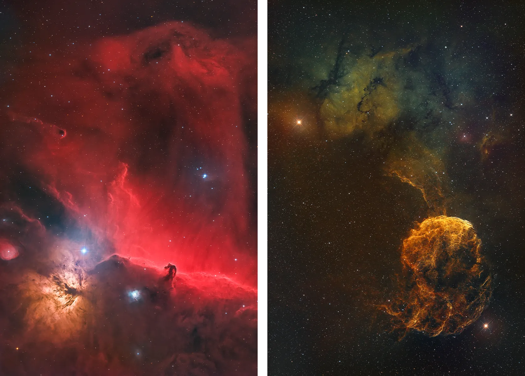 Side by side astrophotography images of nubulae.