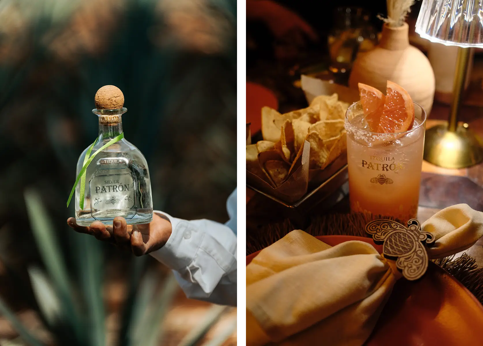 Two side by side photos: in one, a hand holds a bottle of Silver Patrón tequila with a green ribbon around its neck. In the other, a cocktail with citrus garnish in a glass labelled Patrón sits on a dining table next to chips and a napkin.