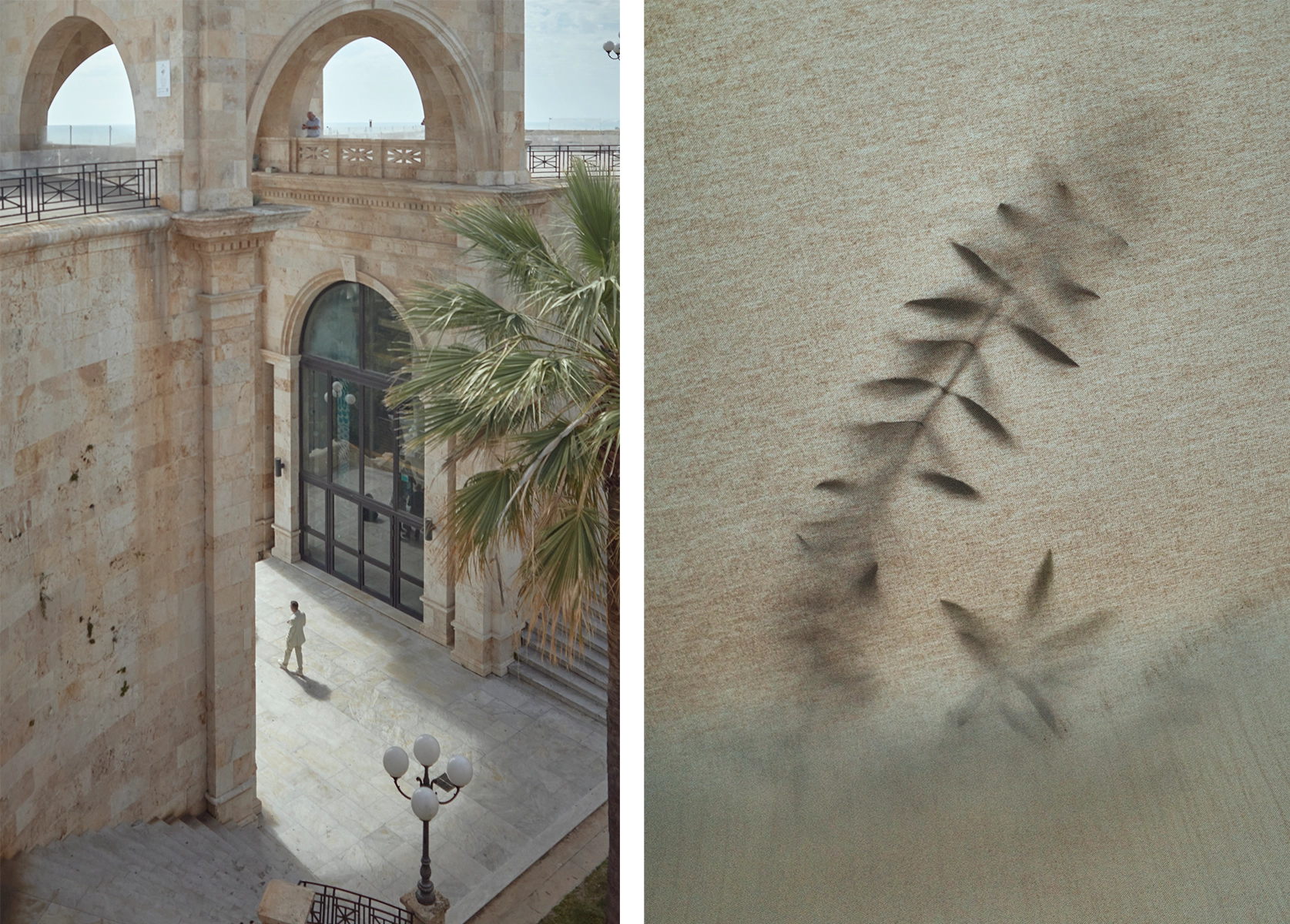 Two photos: A lone figure shot from above walks through a pathway between buildings in Sardinia on the left. Leaves show through fabric on the right.
