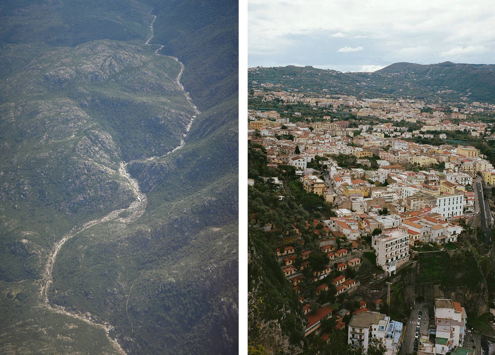 Two exterior shots of Sardinia: on the left, a river flows through mountains, shot from above. On the right a city extends far into the background.