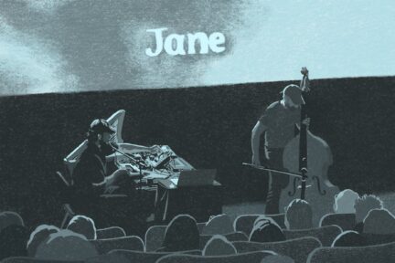 A drawing of two men playing instruments in front of a cinema screen.
