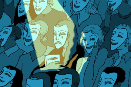 An illustration. A woman sits in an audience. A spotlight is on her. She wears a sad mask and clutches a book in her arms. Everyone else wears a happy mask.