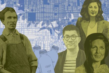 An illustration featuring a map of the Victoria-Fraserview neighbourhood, glass milk bottles, and faces.