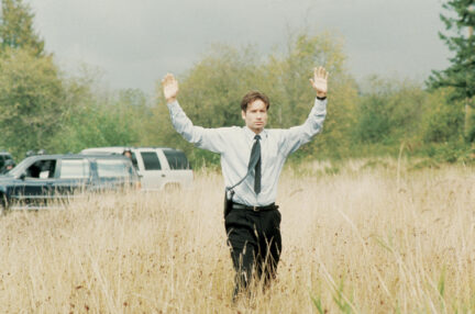 A man, David Duchovny, walks through a field with his hands up.