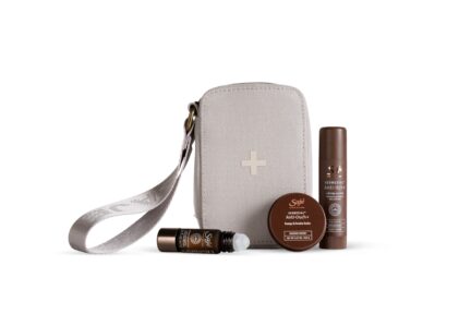 A carrying case with beauty products from saje.