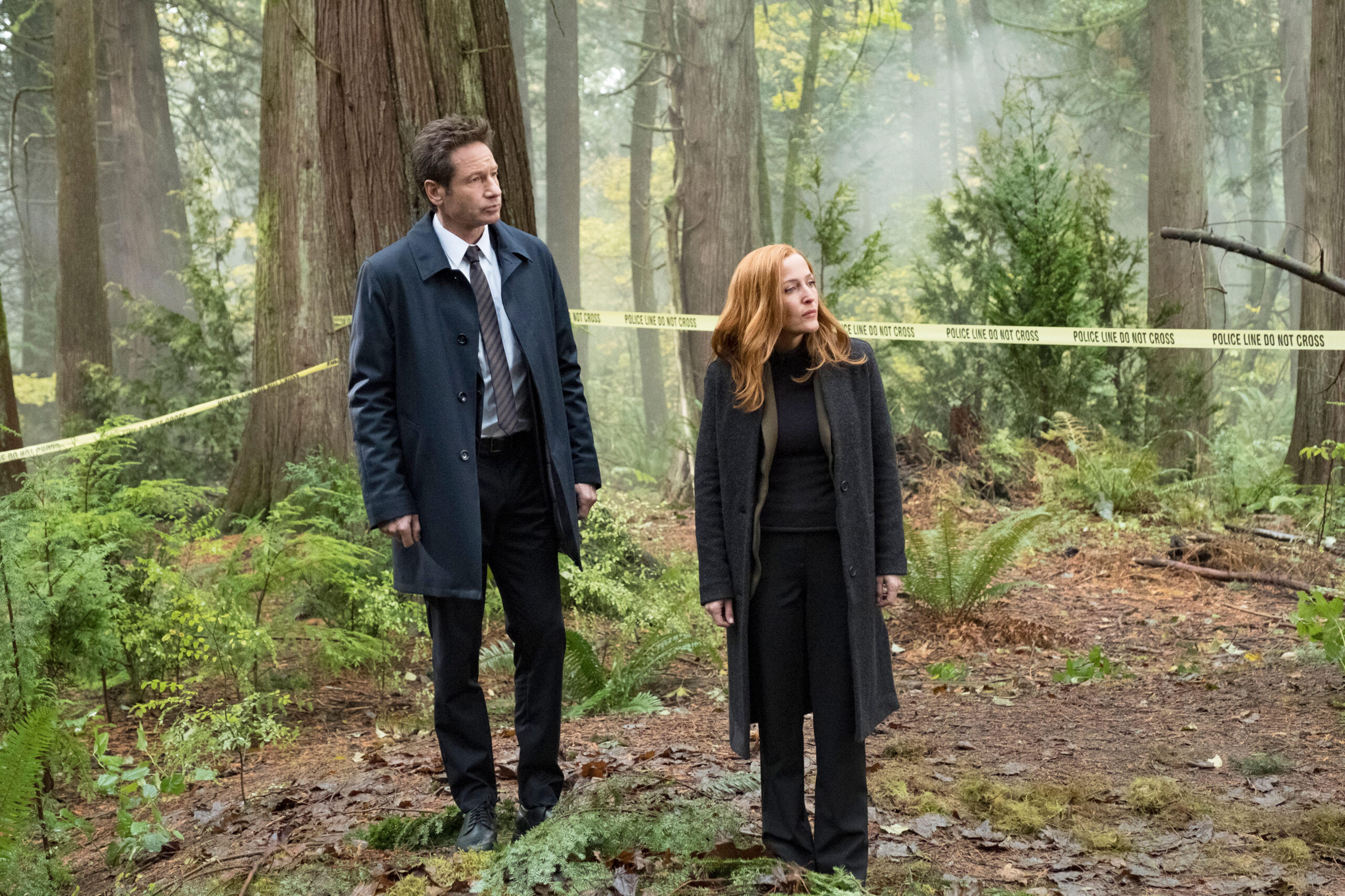 A man and woman in suits stands in a police crime scene in a forest in The X-Files.