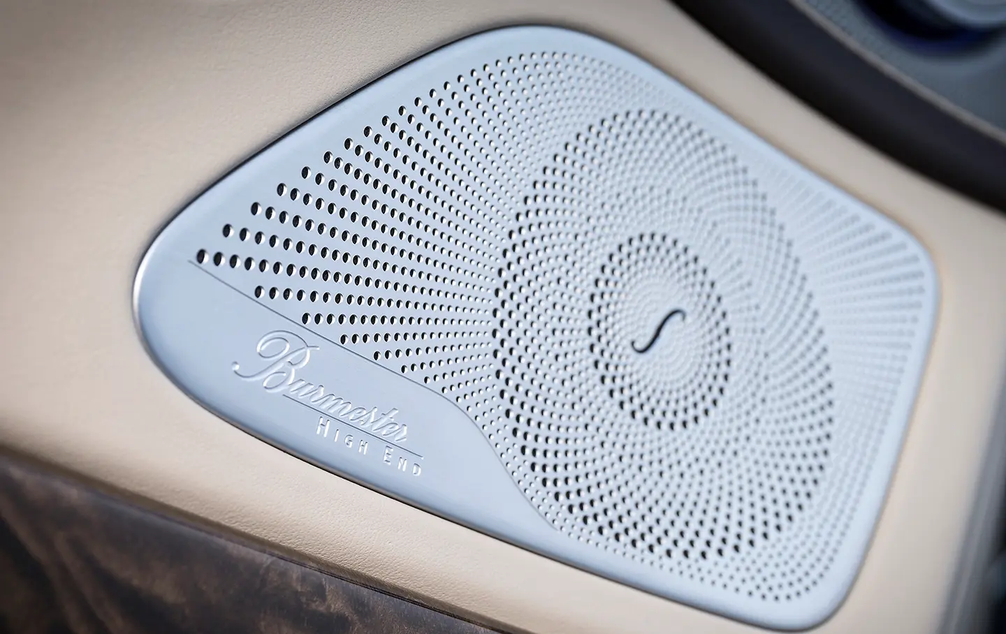 Close up of a Burmester premium audio speaker inside a Mercedes.