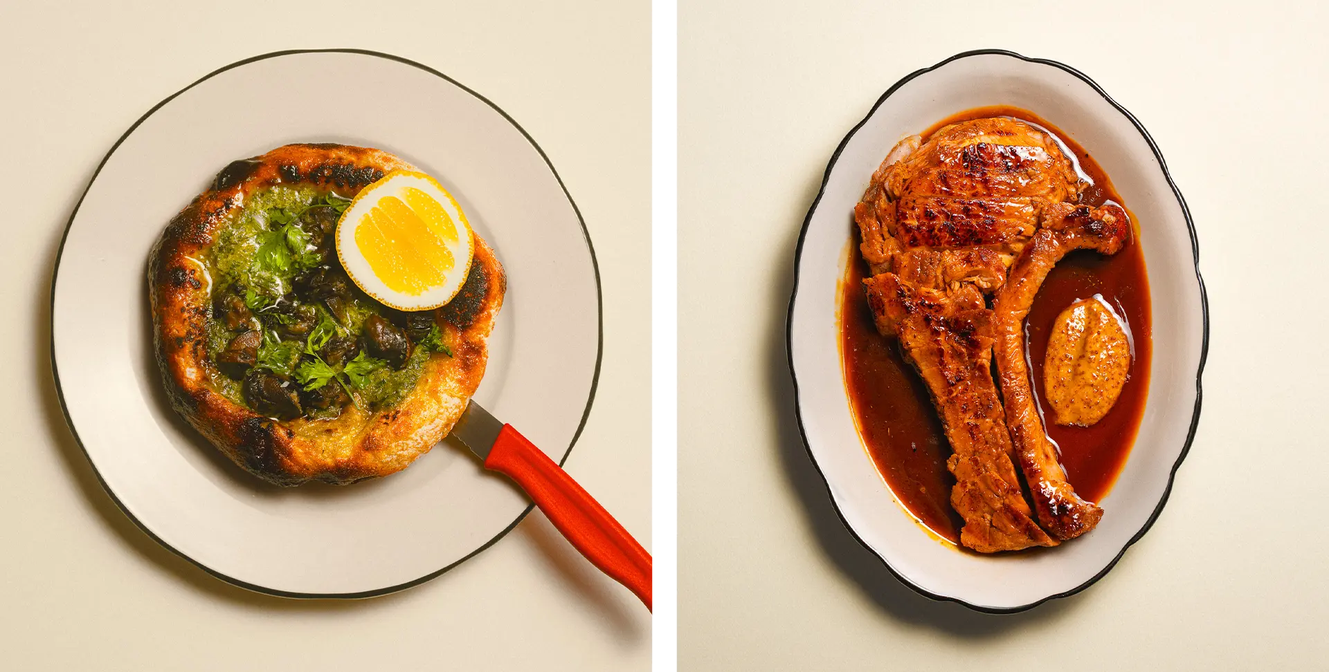 Two side-by-side photos. On the left, escargot and garlic butter sourdough flatbread. On the right, a grilled T- Bone steak in Sauce aux Poivres.