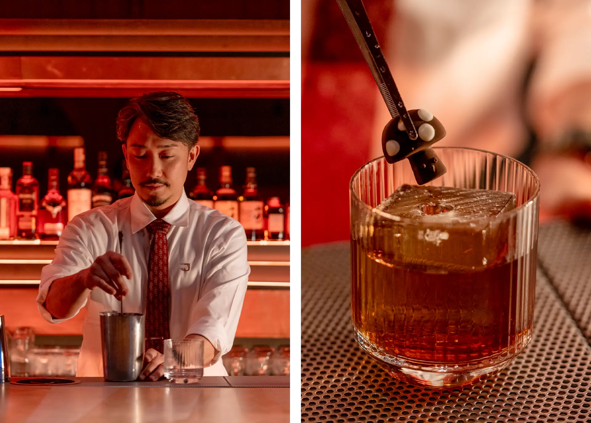 Two side-by-side photos. On the left, a bartender mixes a cocktail. On the right, a cocktail in a glass is garnished with a mushroom-shaped confection.