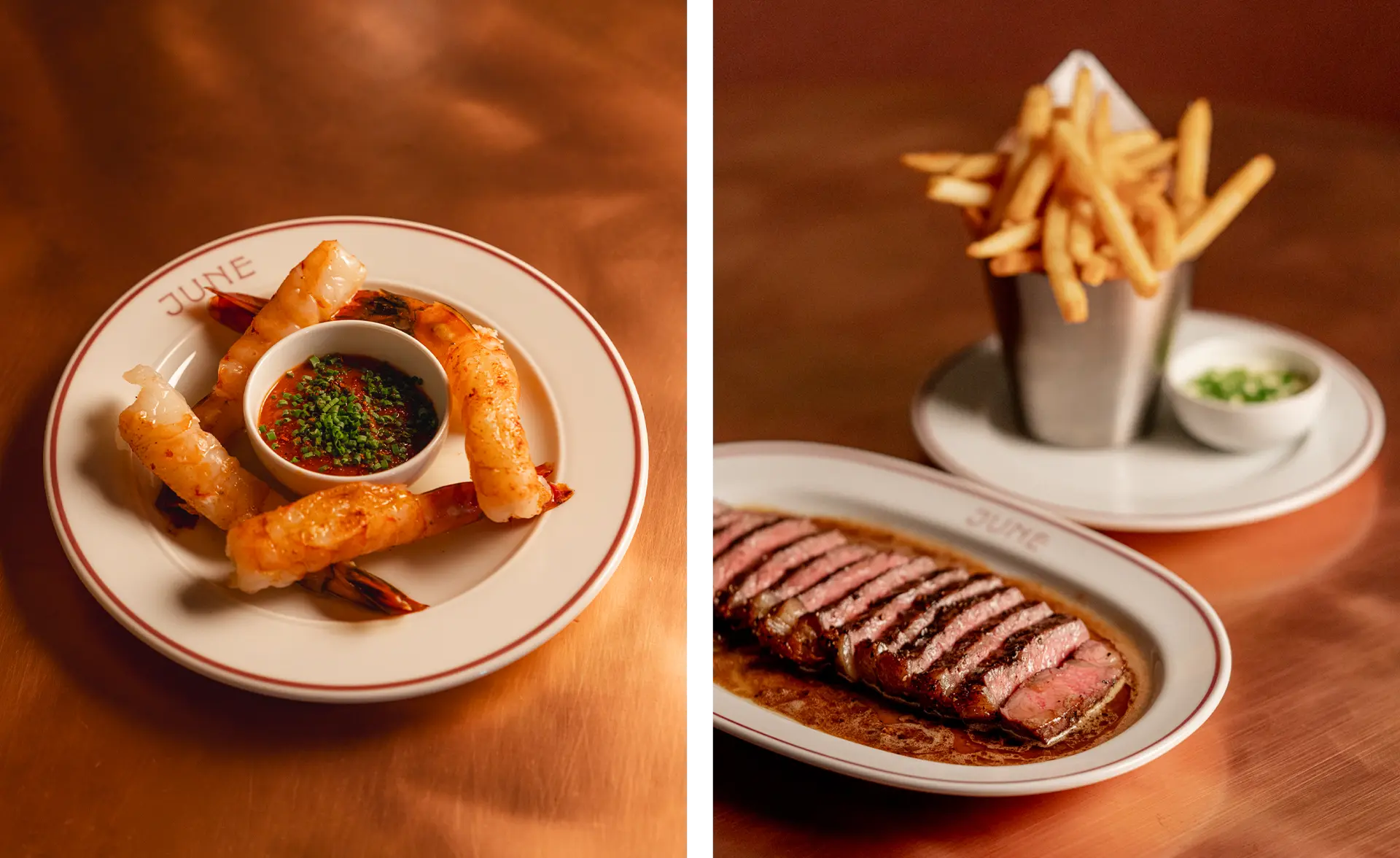 Two side-by-side photos. On the left, prawns and sauce. On the right, steak frites.