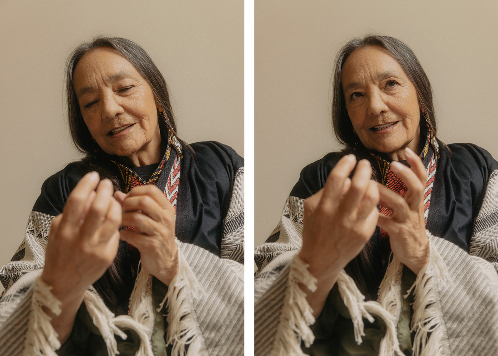 Two side-by-side photos of Tantoo Cardinal holding her hands out in front of her.