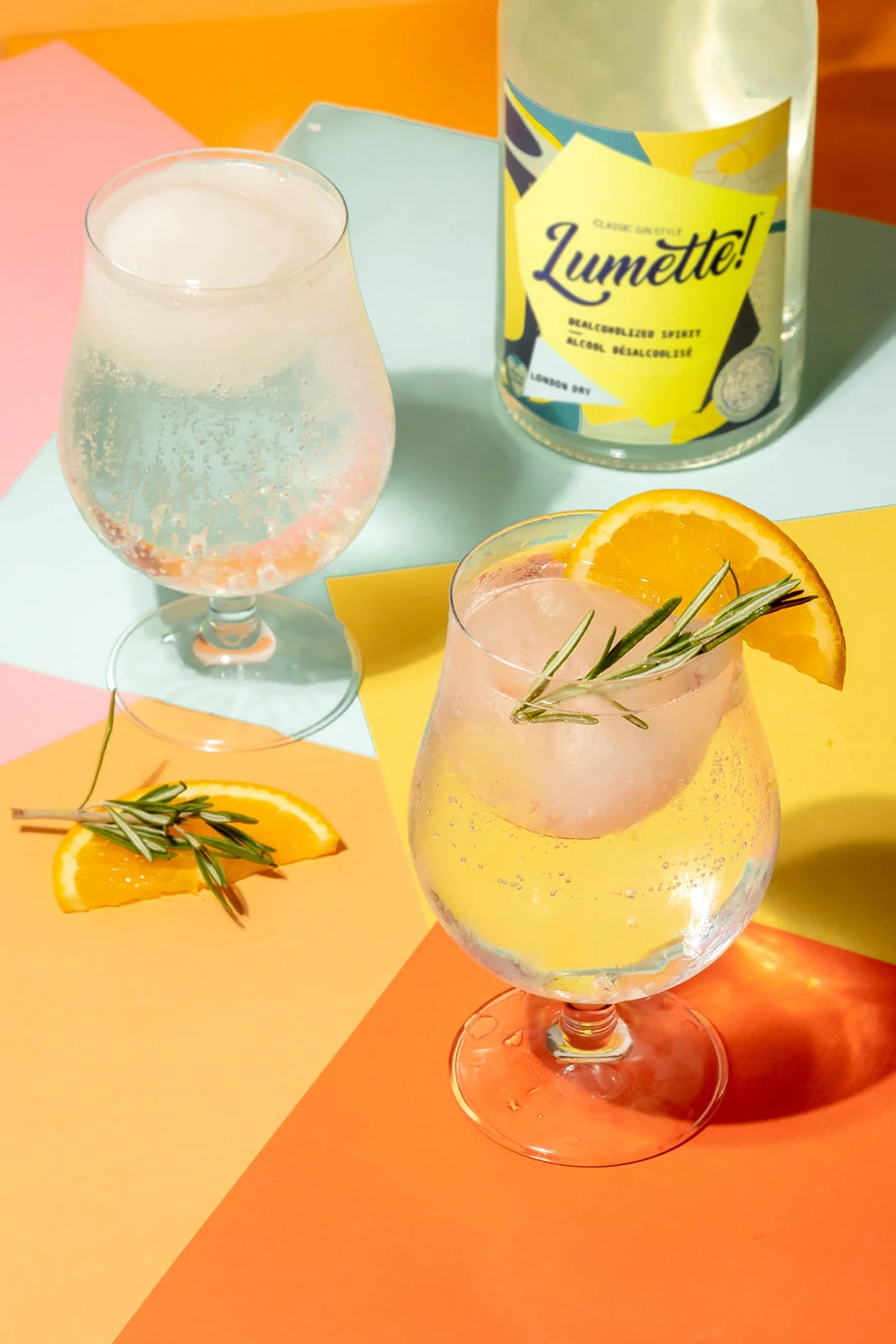 Glasses of Lumette! non-alcoholic spirits.