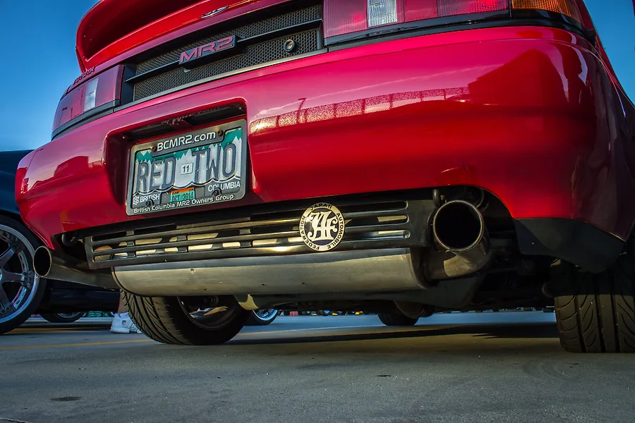 Close up of the rear and exhaust of a red MR2.
