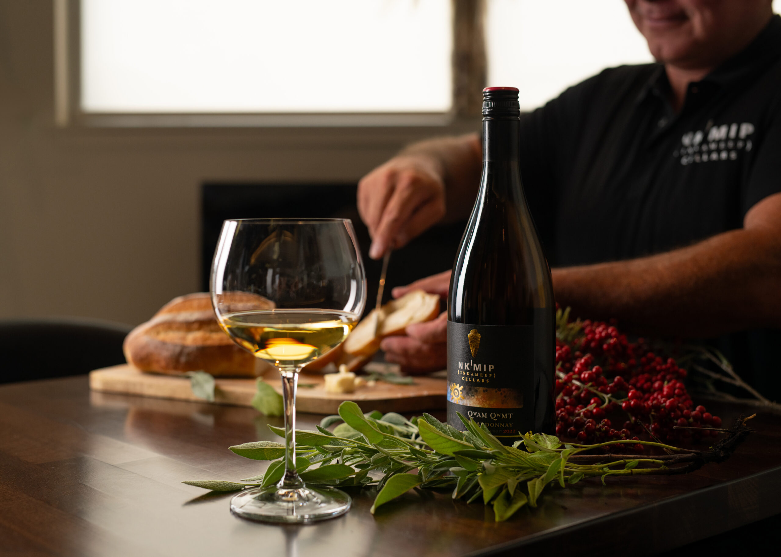 A spread of bread and wine.