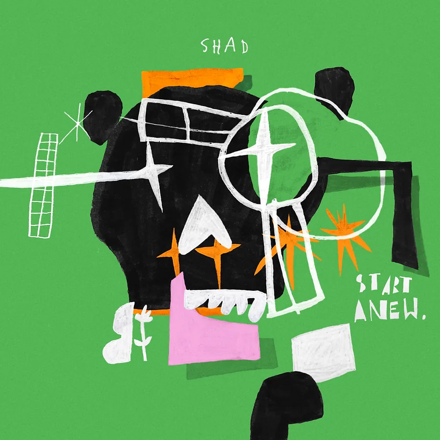The album artwork of Shad's album Start Anew. A stylized skull on a green background.