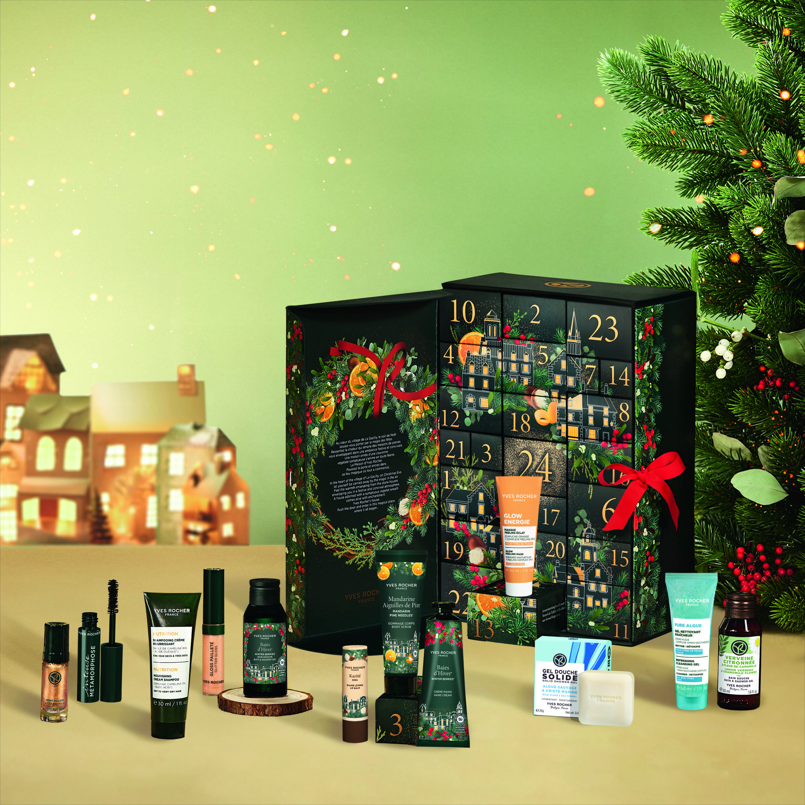 An Yves Rocher advent calendar on a table surrounded by beauty products - luxury gift guide.