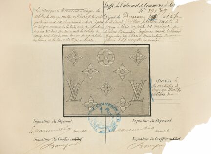 An archival piece of paper featuring the Louis Vuitton monogram.