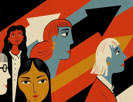 Illustration of diverse faces and arrows facing up and to the right for business development bank of canada.