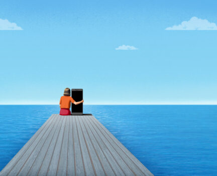 An illustration of a woman sitting at the end of a doc holding an AI phone device.