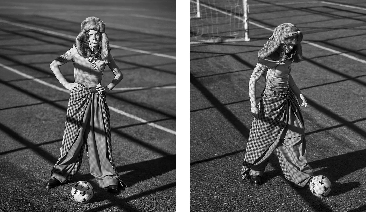 Two black and white photos of Sophia Stel playing soccer.