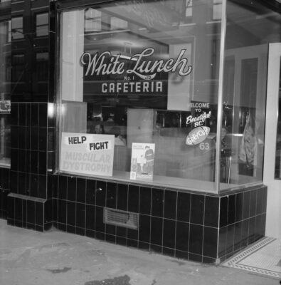 Black and white photo of a White Lunch restaurant exterior.